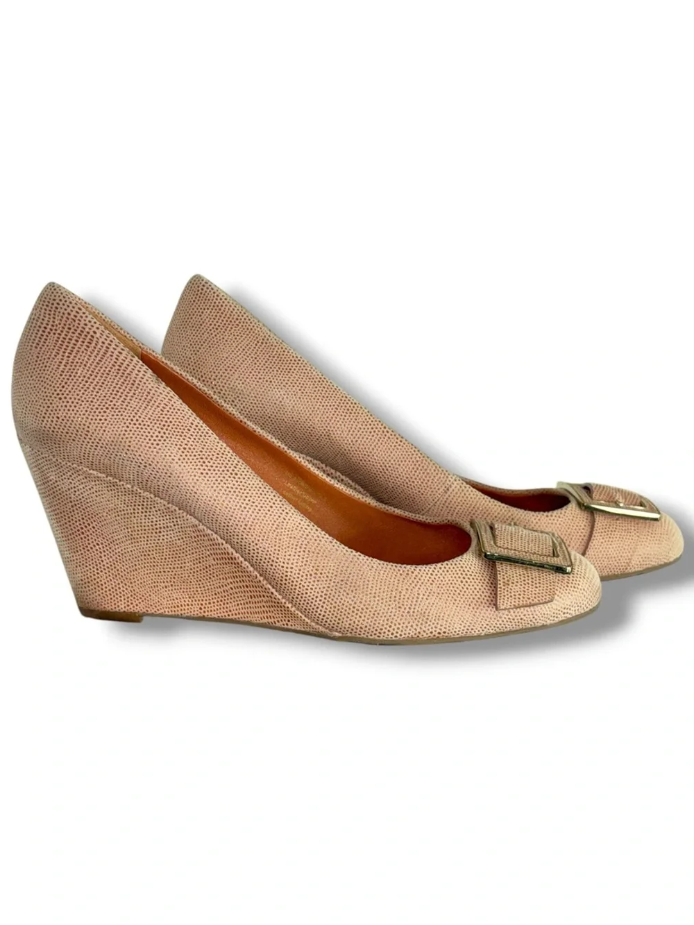 Via Spiga Faina Wedge Pump Beige Lizard Embossed Leather Buckle Heel 8.5